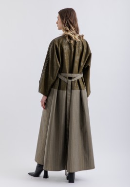 Leather Detailed Stitch Olive Bisht Set