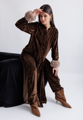 Brown Velvet Dress with Pant and Faux Fur