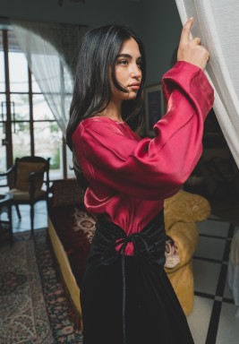 Cherry Red Top with Velvet Skirt Kaftan