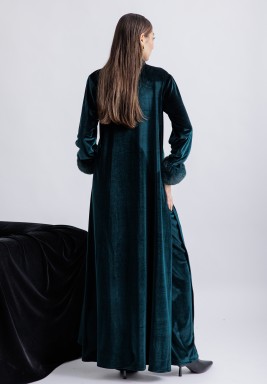 Green Velvet Dress with Pant and Faux Fur