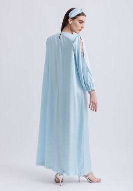 Sky Blue Heavy Satin Embroidered Kaftan with Headband