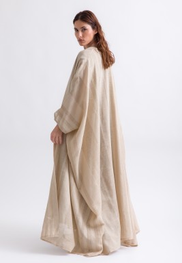 Beige Striped Linen Bisht Set