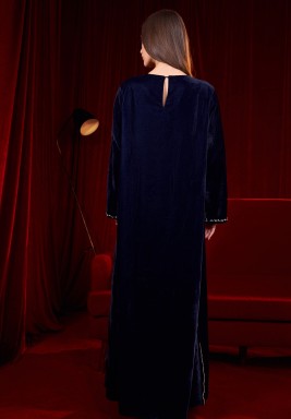 Navy Blue Pearls Velvet Kaftan