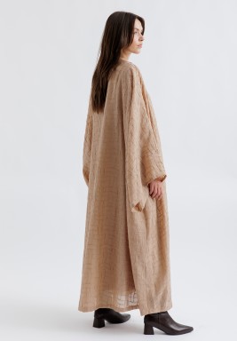 Peach Velvet One Shoulder Dress & Beige Bisht