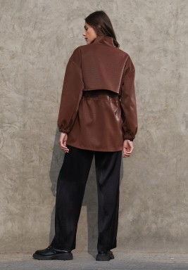 Coffee Elastic Waist Leather Jacket