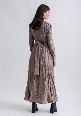 Khaki Crinkled Sleeveless Dress and Crop Tie Jacket 2 Piece