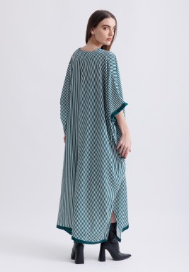 Green Velvet Striped and Embroidered Kaftan 