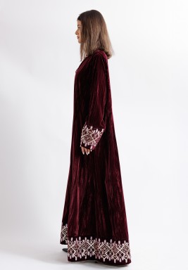 Maroon Embroidered Velvet Kaftan