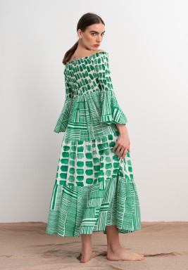 Printed Elastic Waist Off Shoulder Dress