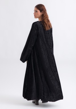 Beige Striped Linen Dress & Black Velvet Bisht Set