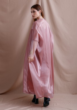 Coral Embroidered Cuffs Satin Set