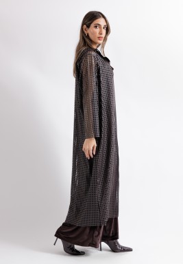 Dark Brown Leather Bisht with Velvet Dress Set