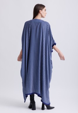 Blue Velvet Striped and Embroidered Kaftan 