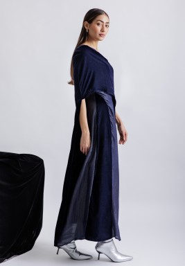 Navy Silk and Velvet Kaftan Set 