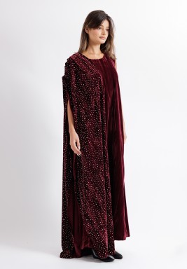Maroon Sleeveless Velvet Dress with Side Beaded Shawl