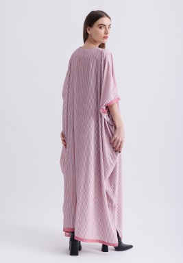 Pink Velvet Striped and Embroidered Kaftan 