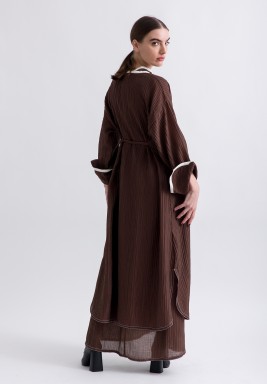 Brown Kaftan Set (2-Piece) with Leather Trim Detail 