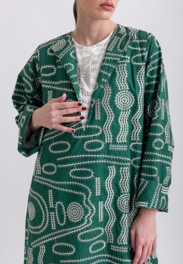 Double Collar Green Full Embroidery Kaftan