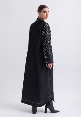 Net Sleeves Black Jeans Kaftan with Stiches Details