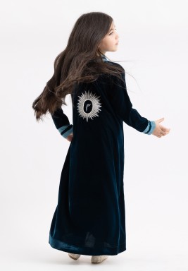 Prssian Blue Velvet Dress With Back Embroidery