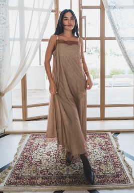 Brown Linen Tulle Bisht Set