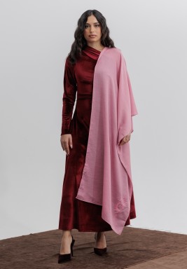 Maroon Fitted Velvet Dress With Asymmetric Shoulder