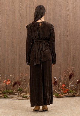 Chocolate Brown Belted Scarf Velvet Kaftan Set