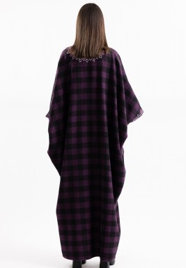 Black & Purple Checked Wool Kaftan With Embroidery 