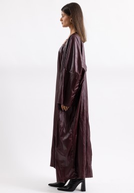 Burgundy Crinkled Leather Dress & Bisht Set