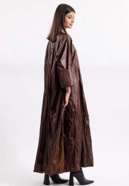 Brown Crinkled Leather Dress & Bisht Set