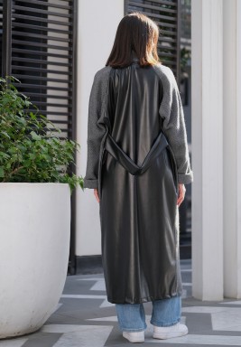 Gray & Black Knitted Leather Cardigan