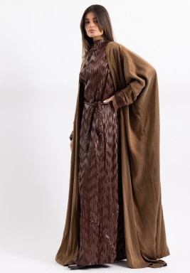 Brown & Tan Leather Dress and Bisht Set with Braided Belt