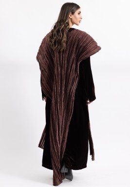Brown Velvet Belted Kaftan with Scarf