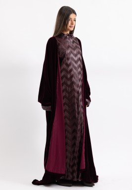 Dark Maroon Leather Dress and Bisht Set with Braided Belt