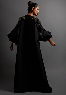 Black Sequined Shoulders Puffed Sleeves Abaya