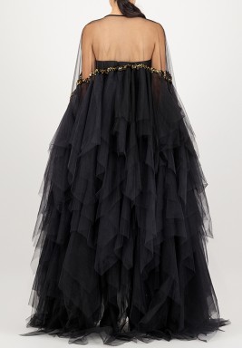 Black Multi Layered Tulle Evening Abaya with Gold Metal Embroidery