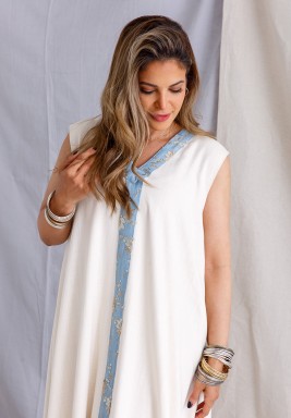 Off-White Kaftan with Blue Embroidery