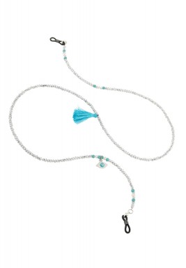 BL Silver Beaded Eyeglasses Chain with Blue Eye and Tassel