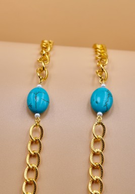 BL Golden Eyeglasses Chain decorated with a Blue Stone and White Pearls