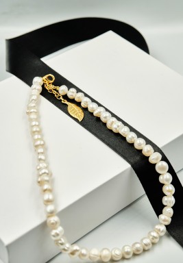 BL Mid Size Pearls Choker Necklace with a Gold Plated Leaf