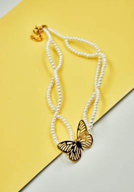 BL Small Size White Pearls Choker Necklace with a Gold Plated Butterfly