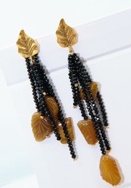 Beige Agate - Black Quartz Bronze Leaves Yellow Gold Plated 24 Carat Earrings 