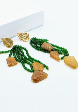 Beige Agate - Green Quartz Bronze Leaves Yellow Gold Plated 24 Carat Earrings 