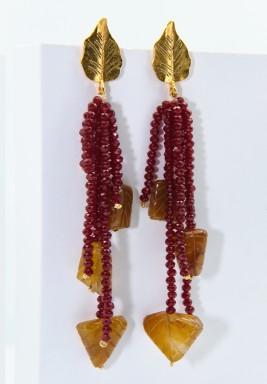 Beige Agate - Red Quartz Bronze Leaves Yellow Gold Plated 24 Carat Earrings 