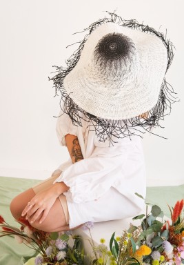 Lady Frayed Black And White Hat 