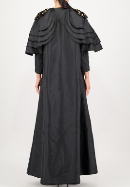 Multi-layered Rounded Raw Silk Abaya with Inserted Embroidery