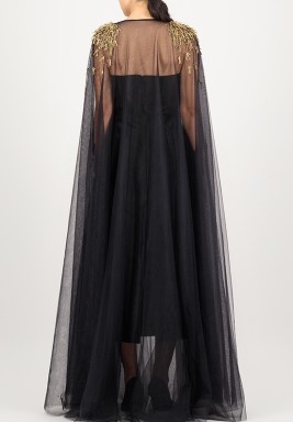 Black Soft Tulle Abaya With Embroidered Shoulder 