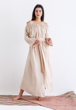 Beige Off-Shoulders Pleated Kaftan