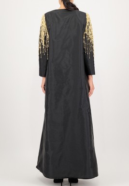 Black Raw Silk Abaya With Dangling Embroidered Shoulders