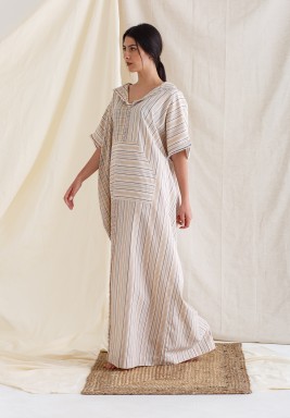 Beige Striped Hooded Maxi Kaftan